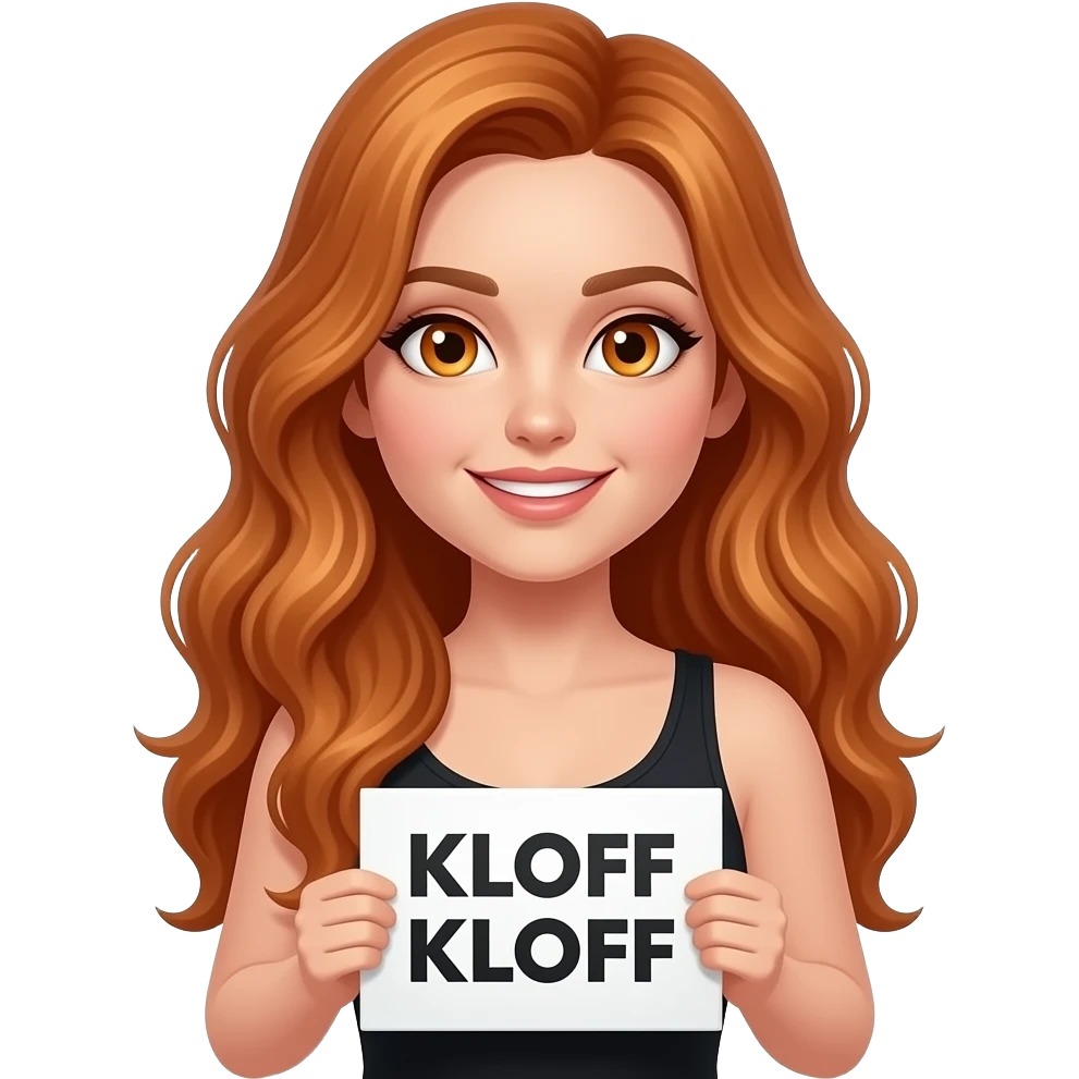 sexy girl with long wavy ginger hair and ginger eyes wearing a black tanktop is holding a white sign with KLOPF KLOPF written on it emoji