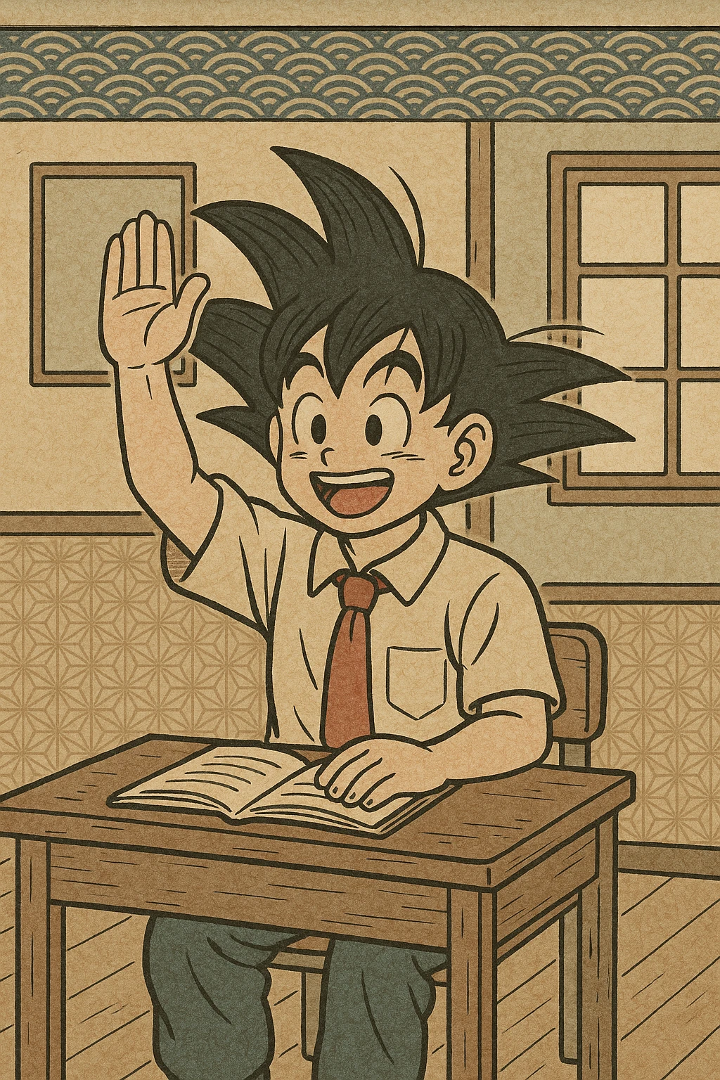Goku as a student, raising his hand in class, school setting, anime style emoji