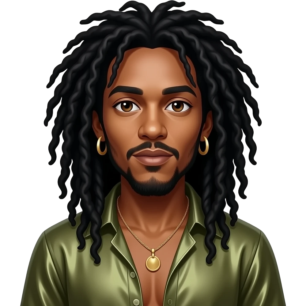 Bob Marley with dark brown eyes, long black dreadlocks, olive metallic blouse, shirtless with necklace and earrings emoji