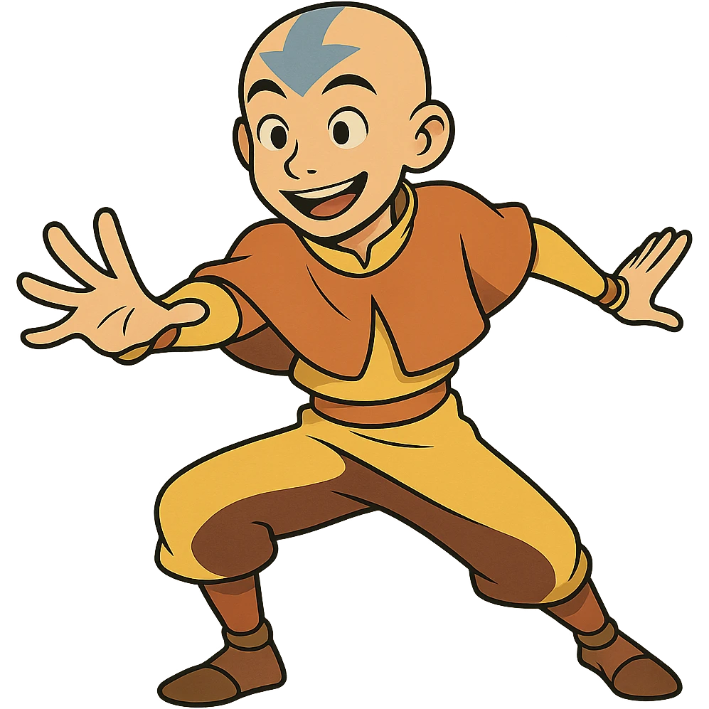 Avatar Aang, bald with blue arrow tattoo, wearing orange monk robes, airbender, friendly expression, dynamic pose emoji