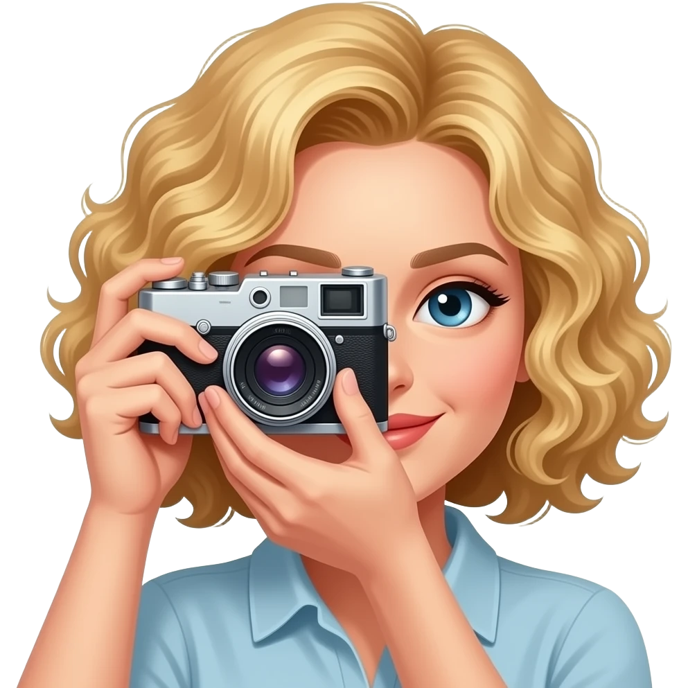 blonde tight curly hair in a short bob taking a photo with vintage camera emoji