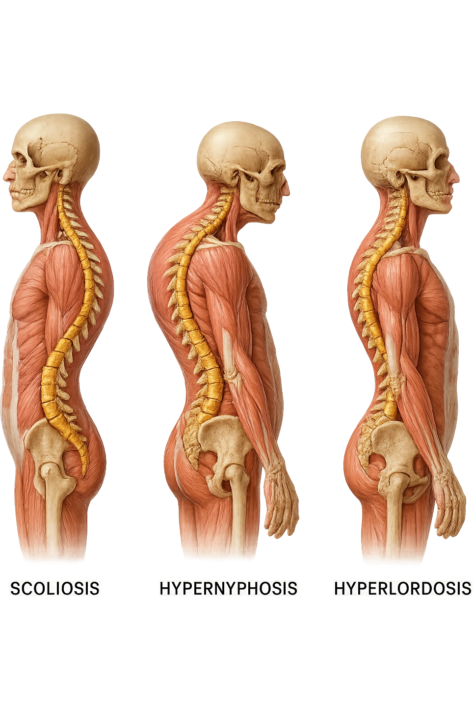 fai un immagine identica che riguarda 3 posture scorrette: scoliosi, ipercifosi e iperlordosi. falla iperrealistica anatomica in 4k con spina dorsale storta in evidenza su ogni figura emoji