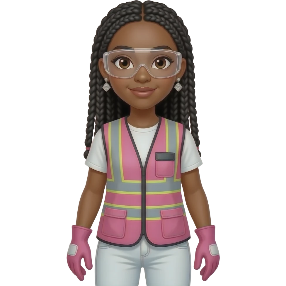 light skin woman with brown eyes with long black box braids wearing diamond earrings wearing pink and clear safety glasses wearing a pink construction vest wearing white pans wearing pink construction vest wearing white pants wearing pink construction gloves emoji