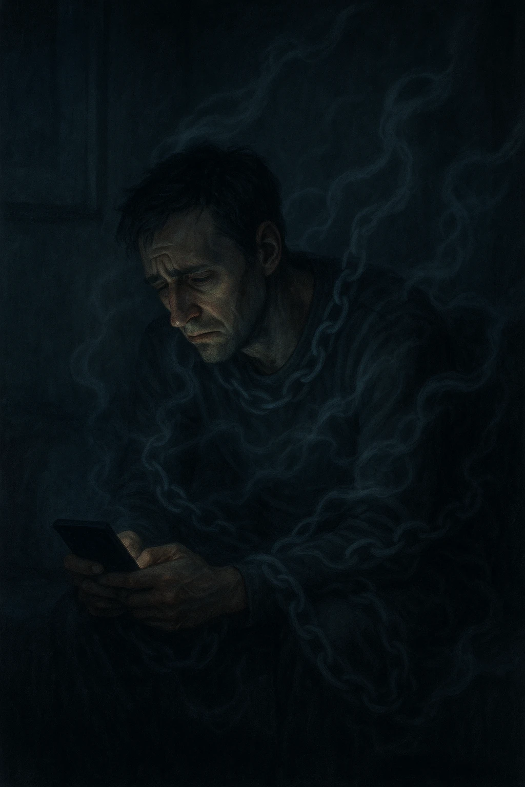 a man sits alone in a dimly lit room at night, illuminated only by the glow of a computer or phone screen. His posture is slouched, and his expression is tired and troubled. Around him, faint, ghostly chains or shadows subtly wrap around his body, symbolizing addiction and emotional distress. The background is blurred, emphasizing isolation and discomfort. in italiano emoji
