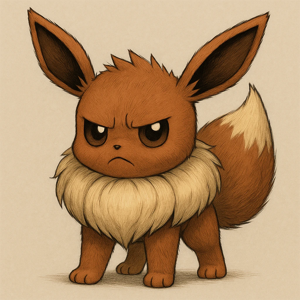 Eevee with a grumpy expression and an intimidating stance, full body, neutral background, detailed fur, Pokémon style emoji