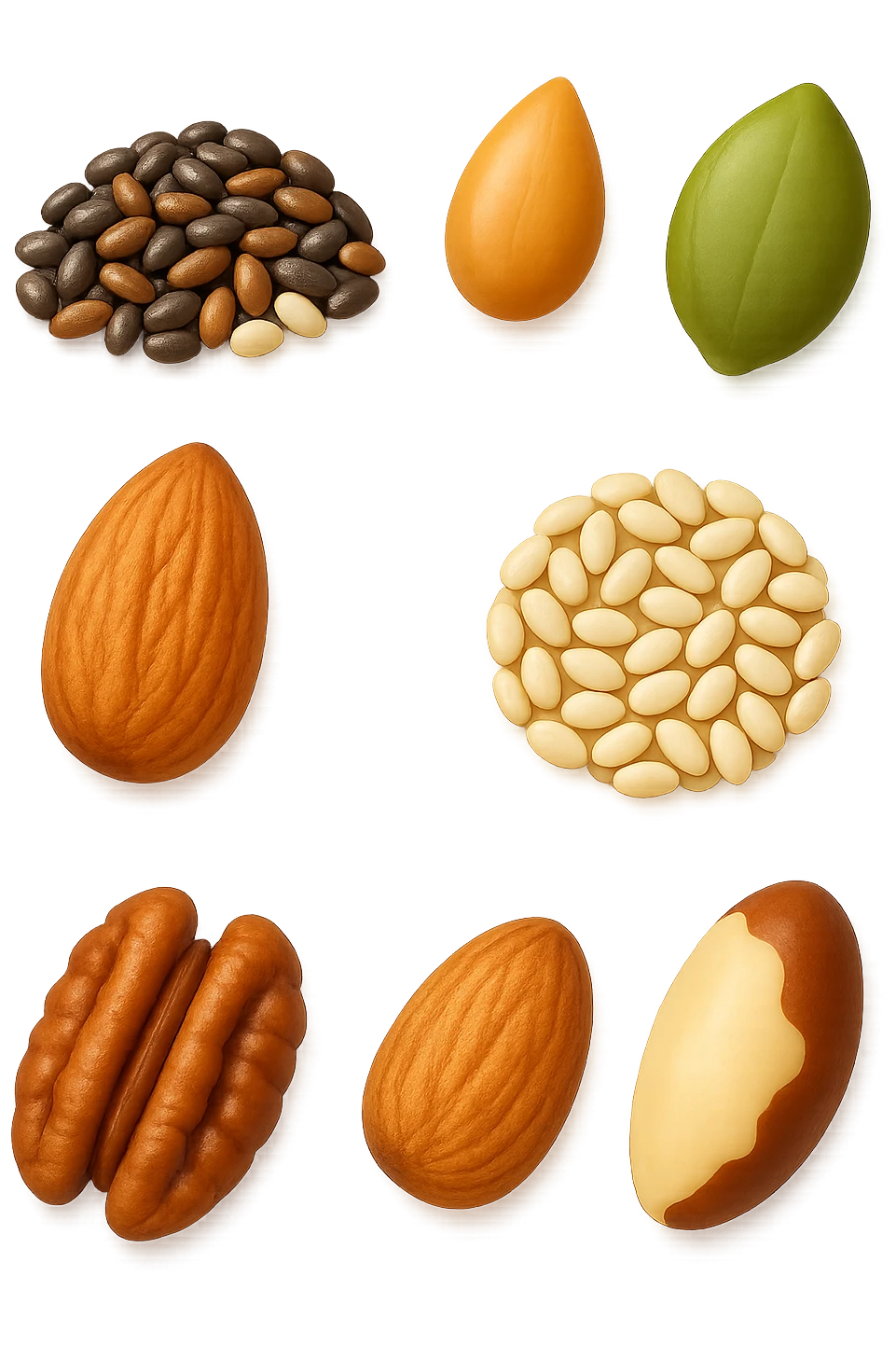 emoji stile iphone 3d di questi elementi che fluttuano in aria:

Semi di chia, lino, zucca, sesamo
Mandorle, noci pecan, noci brasiliane (porzioni limitate)

 che fluttuano sparse casualmente in aria, iperealistico 4k emoji