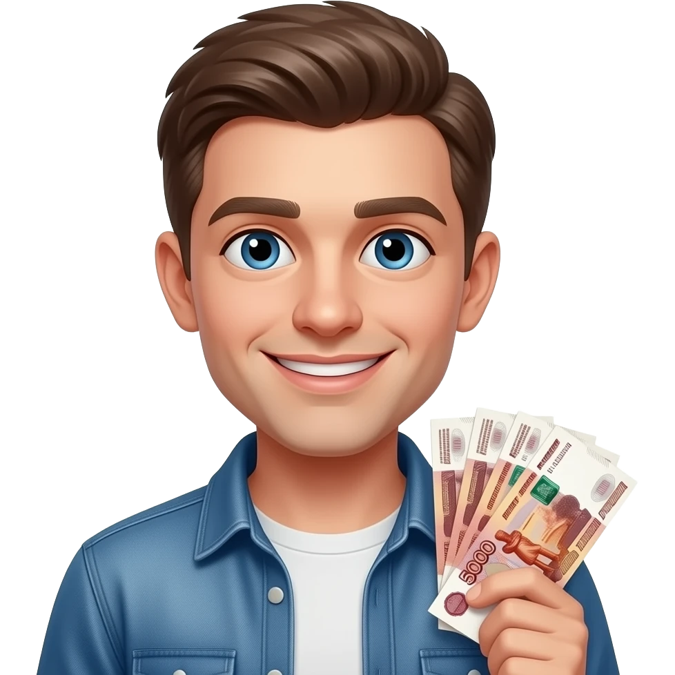 русский молодой парень с русскими деньгами крутой улыбвается emoji