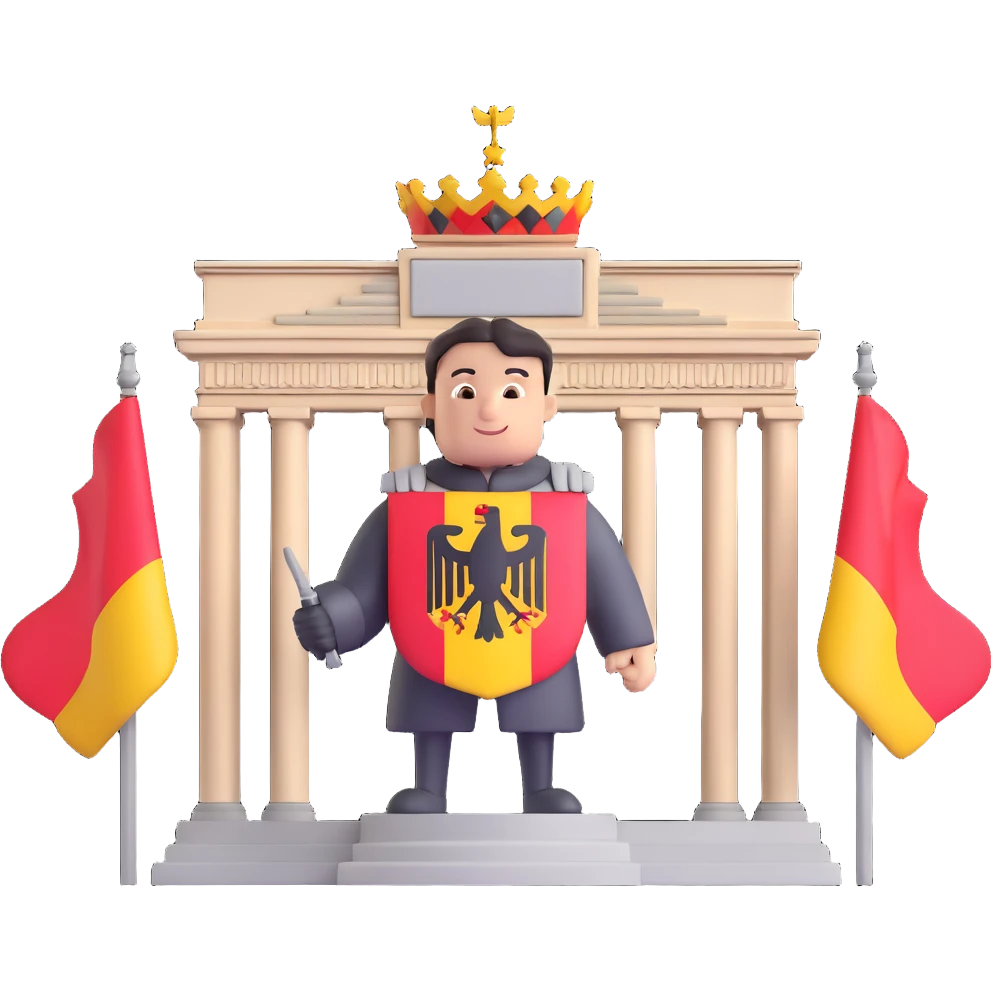 Add more German symbolism to the universal character in 3D style, including the German coat of arms, flag, and possibly the silhouette of the Brandenburg Gate or other recognizable German elements. Keep the 3D style and transparent background. emoji