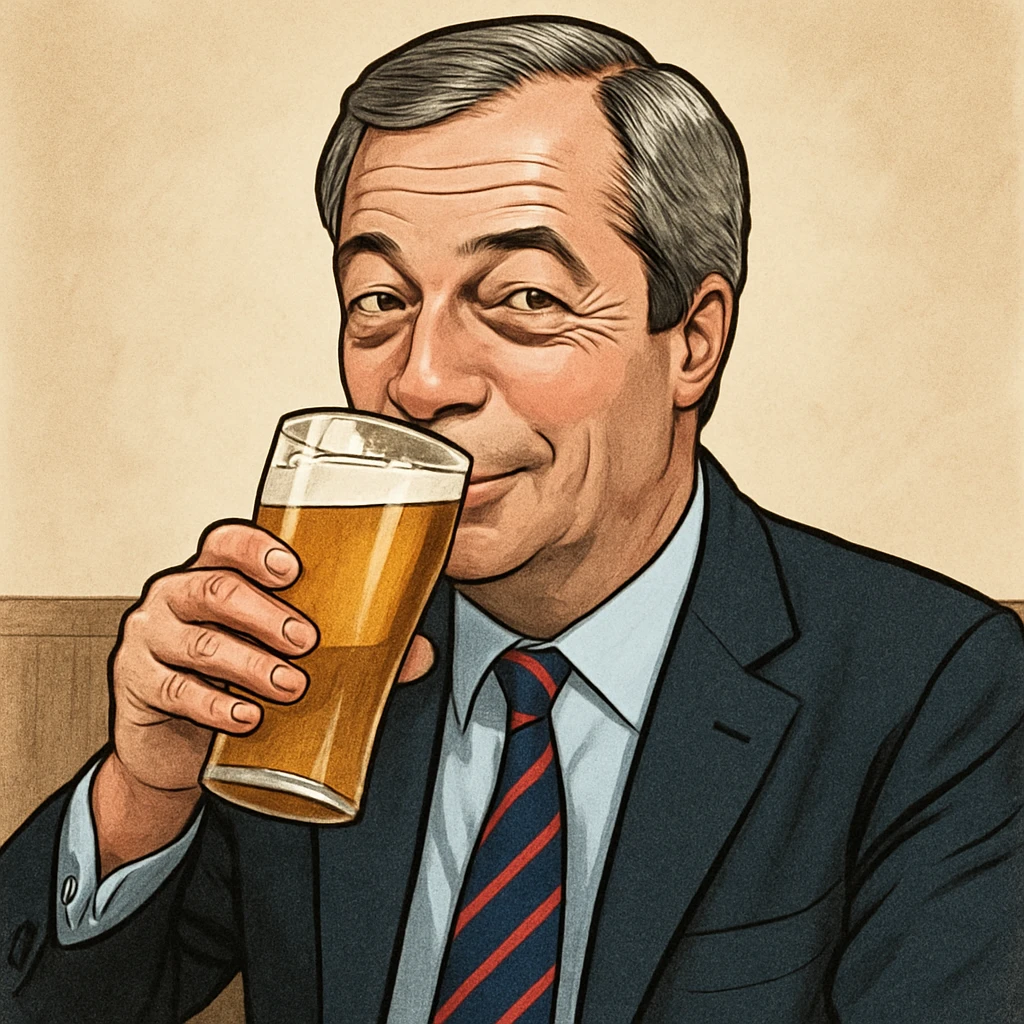 Nigel Farage sipping a pint of lager, realistic cartoon style emoji