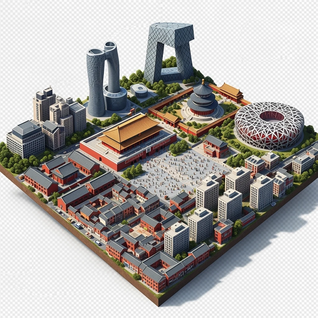 Isometric miniature of Beijing Forbidden City, Tiananmen Square, CCTV Headquarters, Temple of Heaven, Bird’s Nest Stadium and crowded hutong alleys, apartment blocks, 3D miniature effect and Tilt Shift effect, no cartoonish look, transparent background. emoji