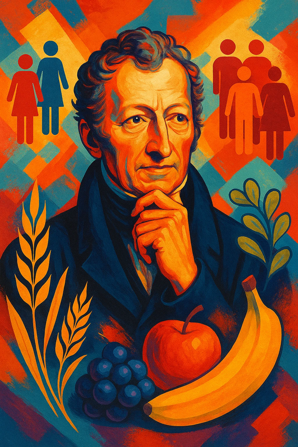 Thomas Malthus in modern digital art style, surrounded by symbols of population and food, thoughtful expression emoji