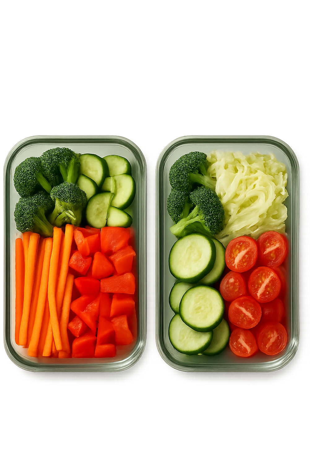 verdure tagliate e sistemate in due schiscette di vetro viste dall'alto, iperrealistico 4k emoji