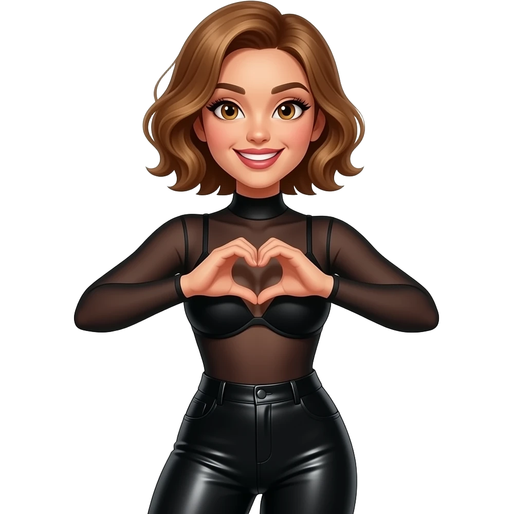glamours,-tanned,-very-beautiful-woman-with-big-plump-rose-beige-lips,-long-lashes,-honey-silky-very short- hair,-wavy-hair,-hazel-eyes-wearing-black-long-sleeved-sheer-bodysuit-black-bra-under-black-latex-pants-Her-eyes-smiling-mouth-and-eyes-smiling-hands-up-making-a-heart-symbol emoji