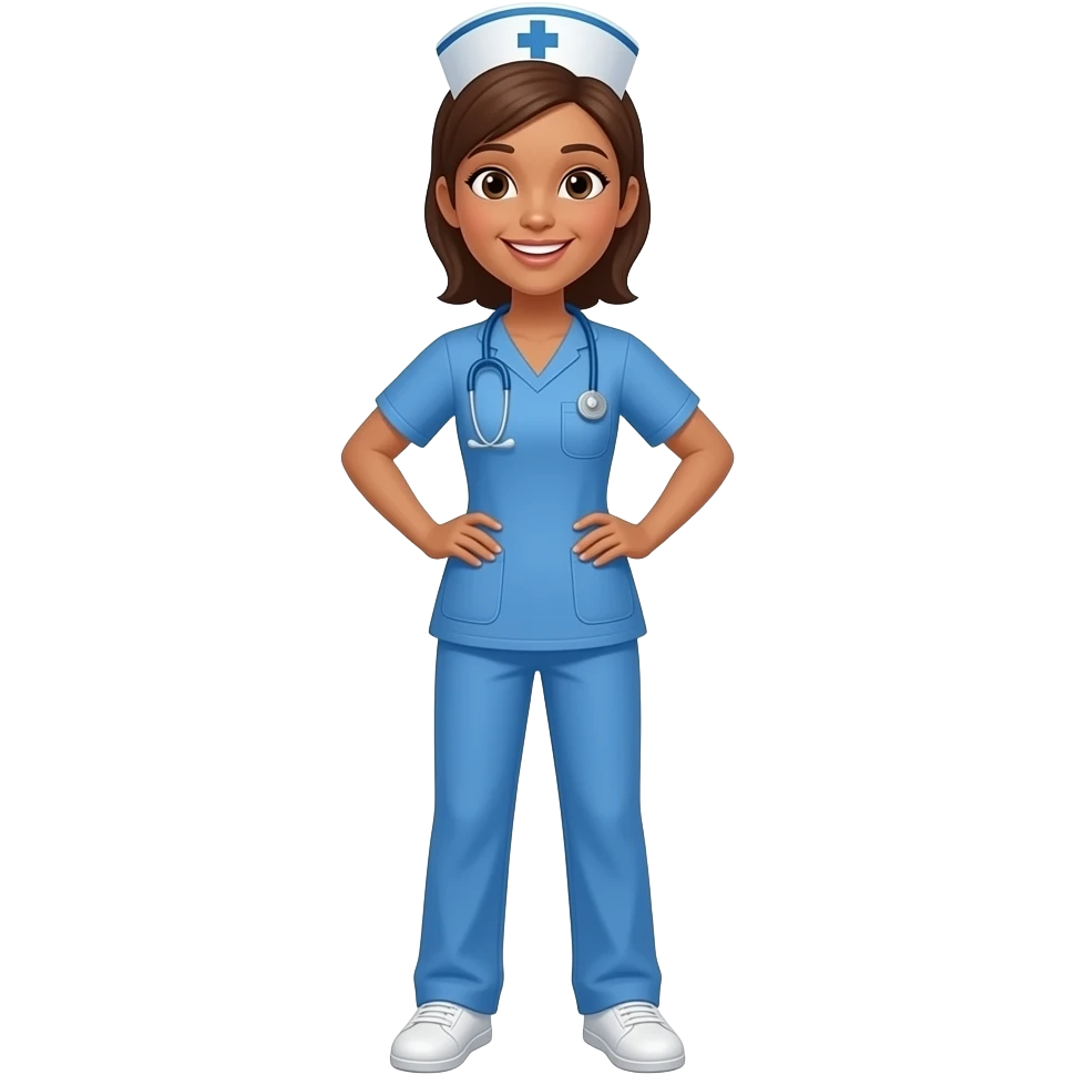 full body nurse in blue scrubs smiling with her hands on her hips. Her is hair brown and she has light brown skin. Shoe has white shoes on. emoji