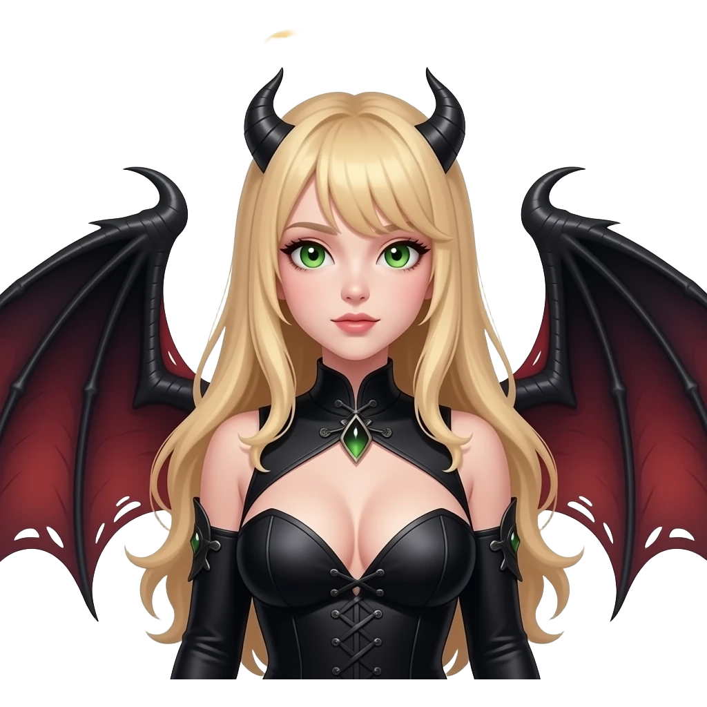 Make an emoji of a pretty, busty, green eyes, blond hair (no bangs) white girl with an angel halo, but devilish and dark everywhere else with dragon wings emoji