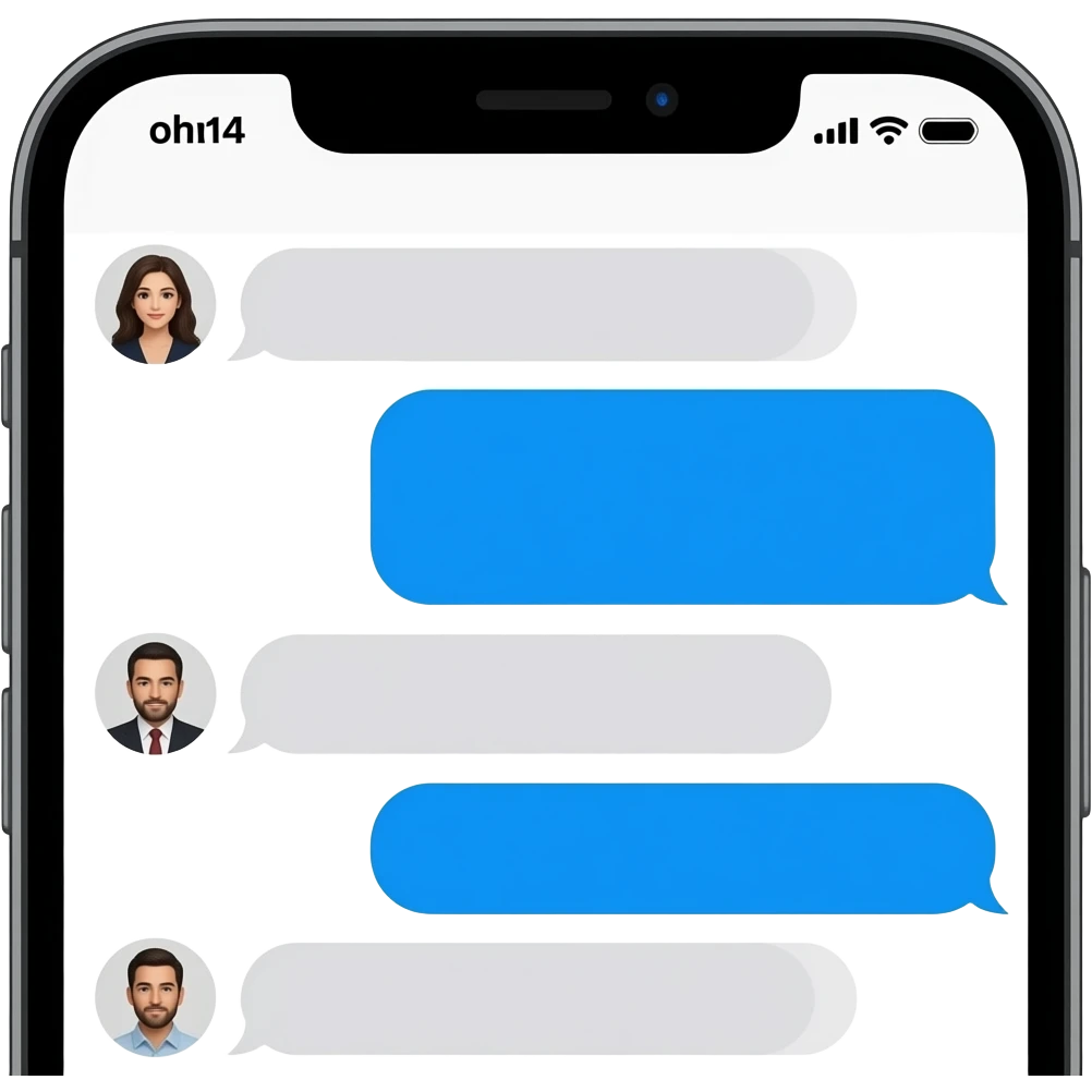 iphone device with messaging app open with profile pictures and muted blue-grey and grey bubbles emoji