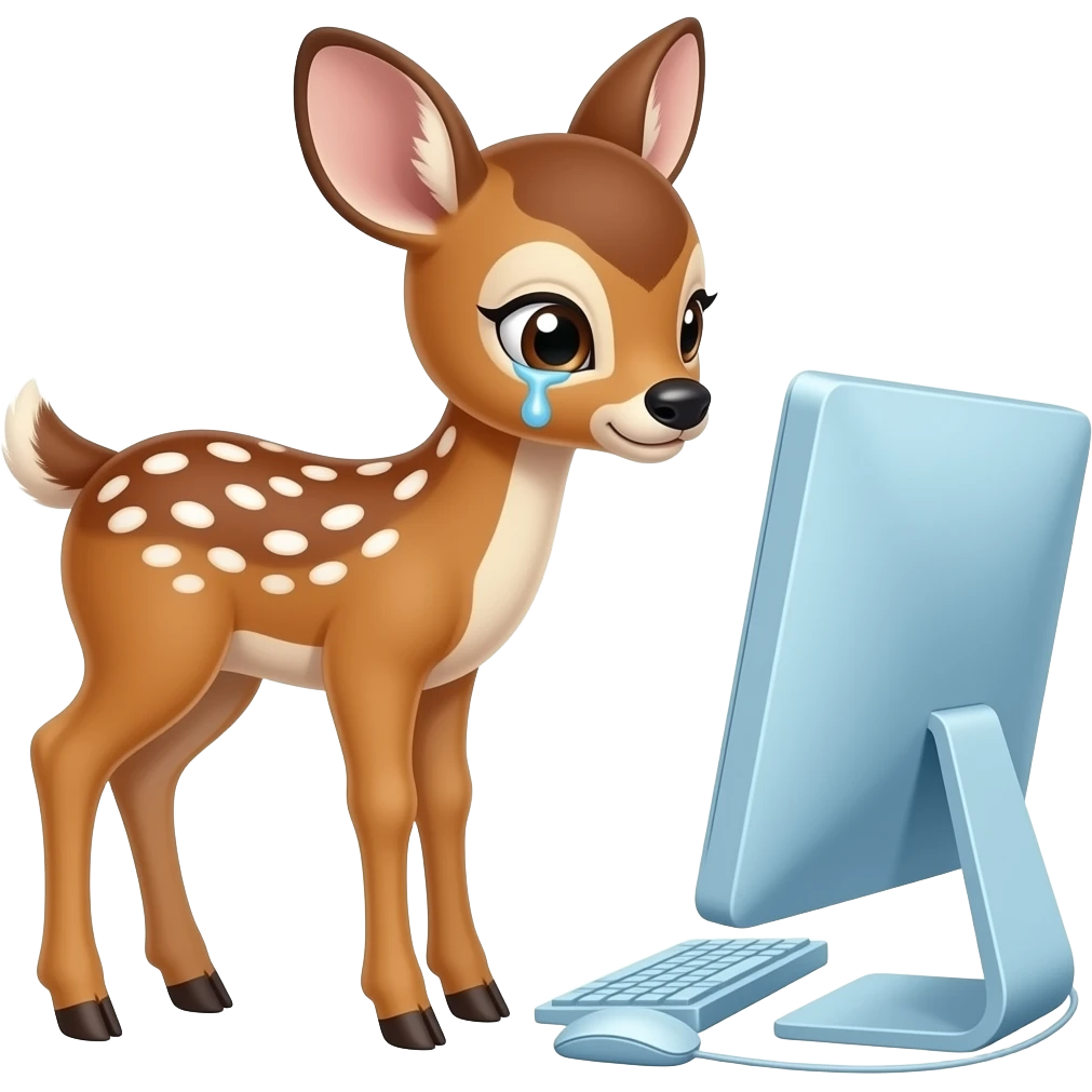 a deer who cries looking at a blue computer emoji