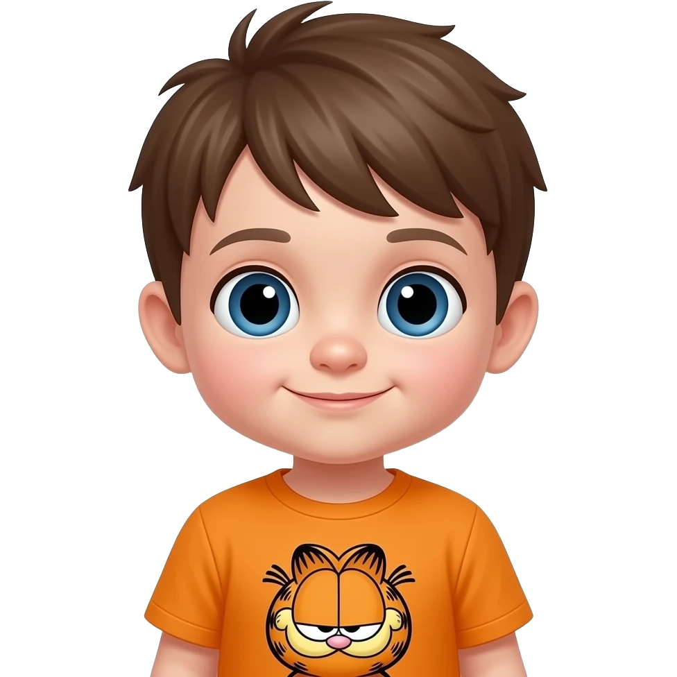 Toddler with brown hair and big eyes and a orange shirt that has Garfield on it emoji