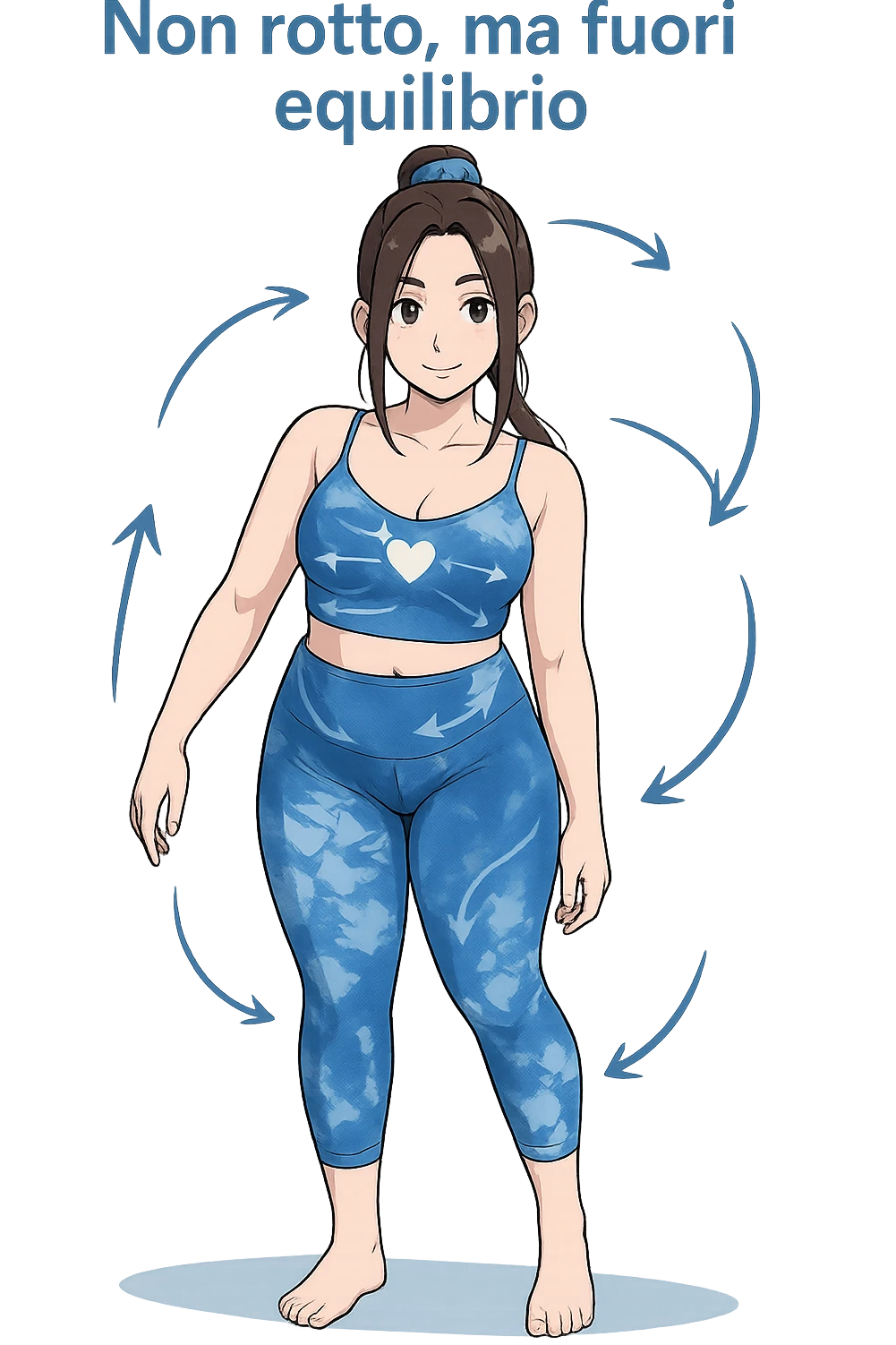 stile manga a woman stands in a relaxed pose, with a gentle, confident expression. Her body is shown with subtle, curved lines or arrows indicating areas of imbalance (such as a slight tilt in the shoulders or hips), but no signs of injury or damage. A soft glow or heart symbol at her core emphasizes resilience and the message “Non rotto, ma fuori equilibrio” The background is clean and clinical, with light blue tones. emoji