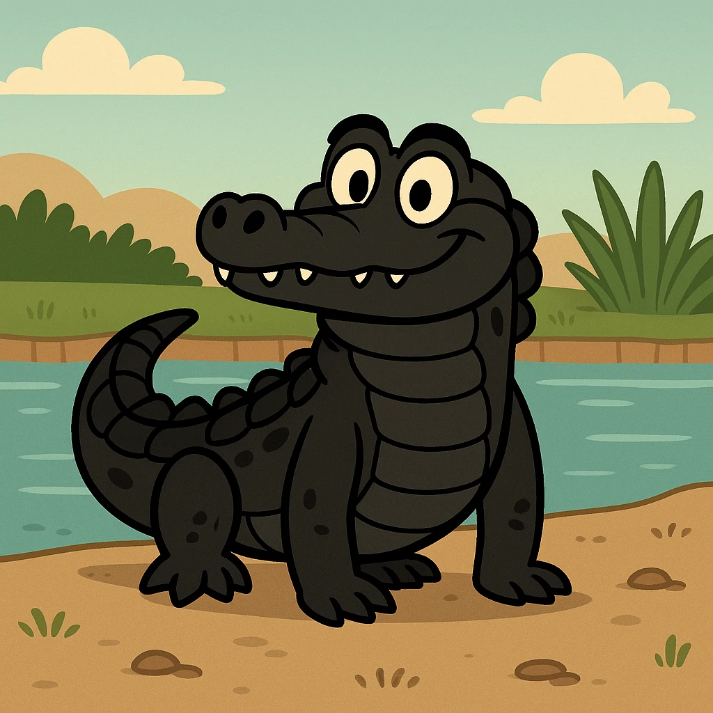 black caiman, cartoon style, friendly face, simplified features, standing on riverbank emoji