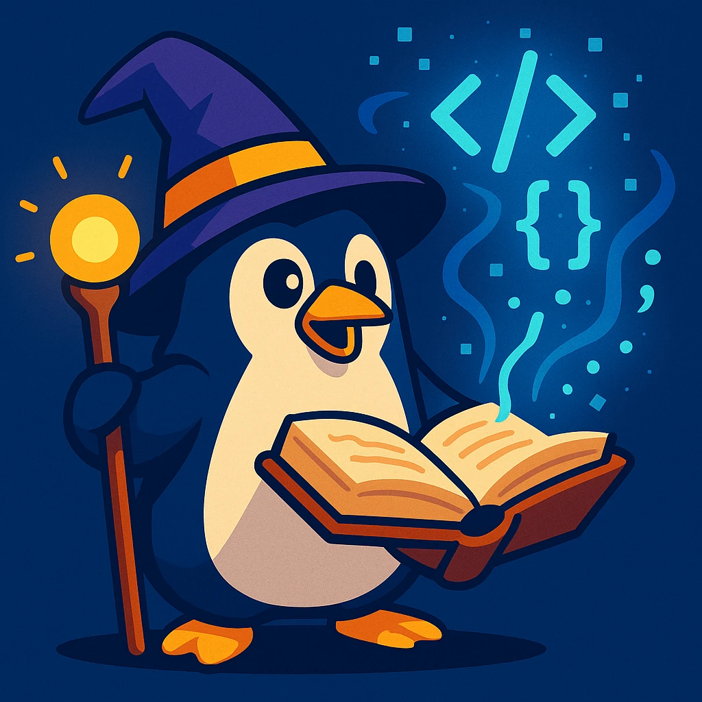 a penguin wizard conjuring programming code from a spellbook, with a glowing staff and digital symbols in the air emoji