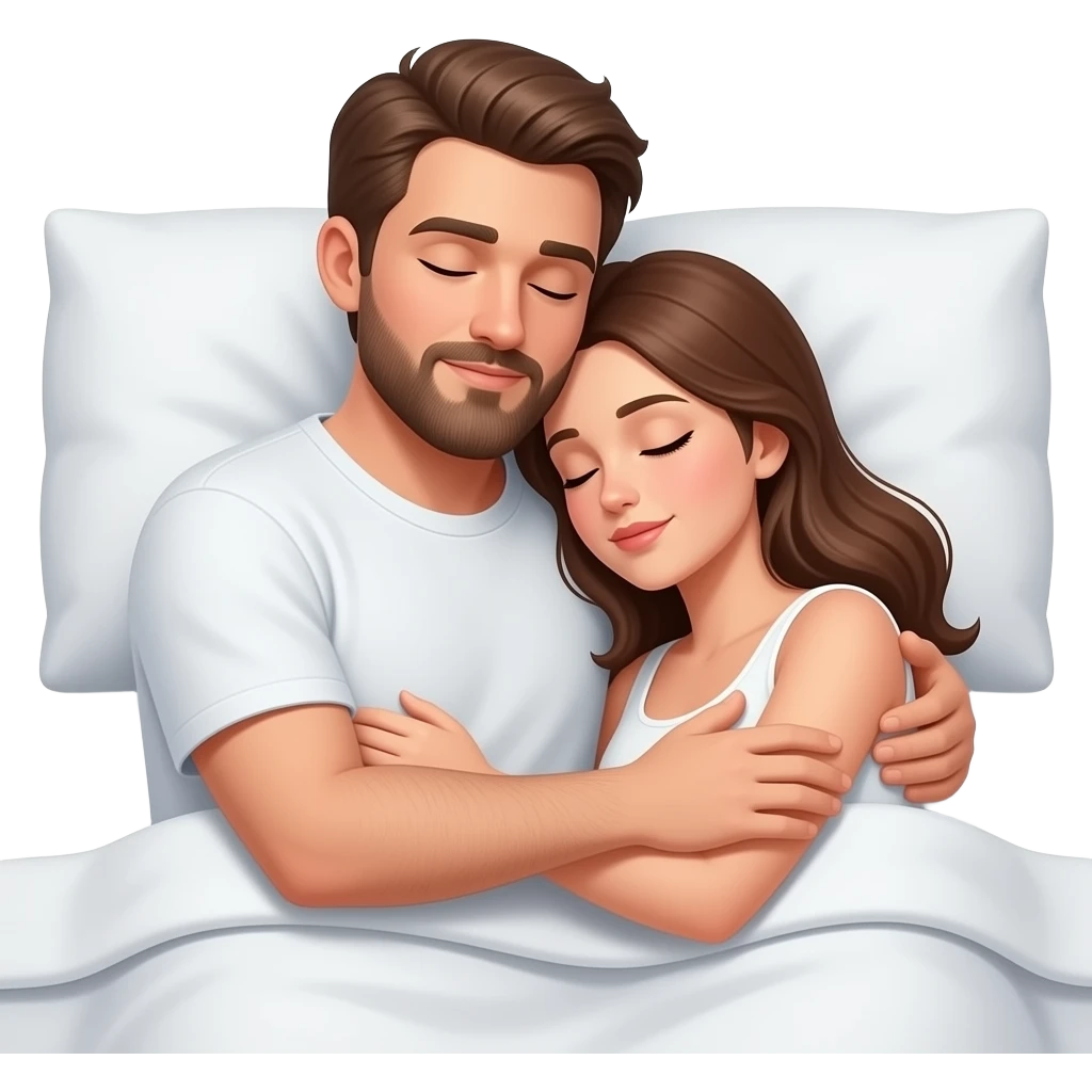 Realistic white man brown hair with beard hugging while sleeping in bed with white girl brown hair emoji