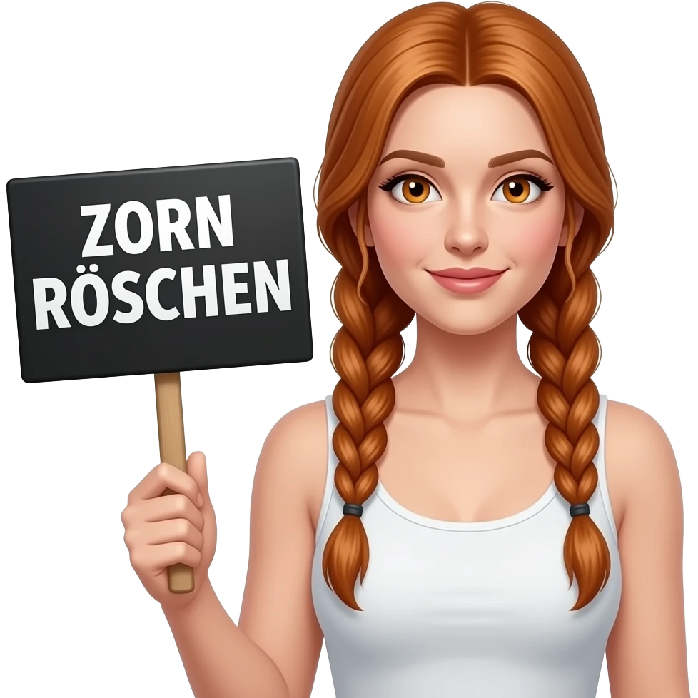 sexy girl with long ginger braids and ginger eyes wearing a white tanktop is holding a black sign with ZORN RÖSCHEN written on it emoji