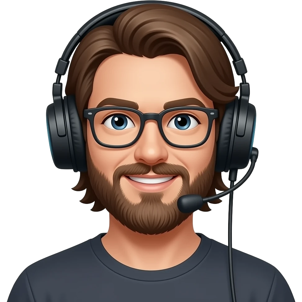 casque jeux , homme, cheveux mi-long, brune, barbu, lunette emoji