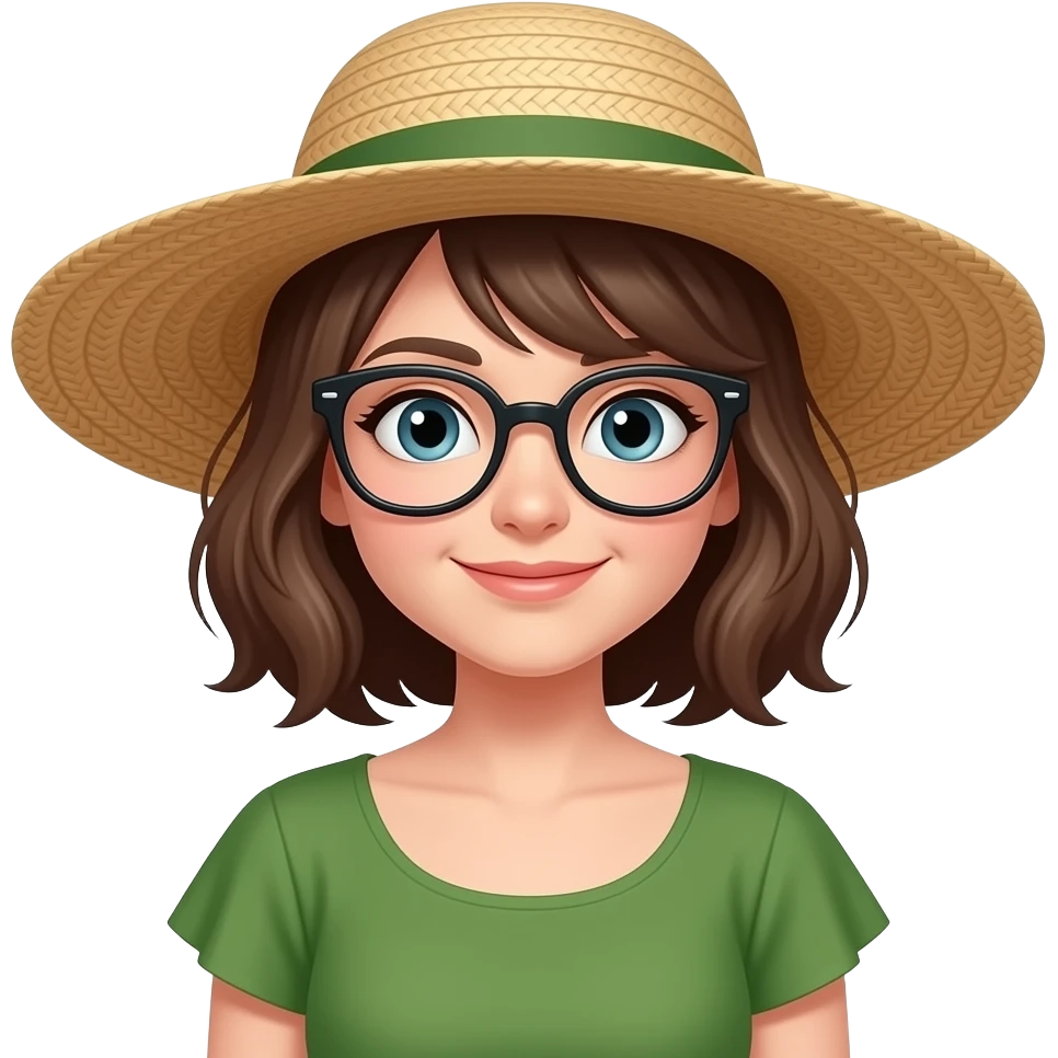 A character wearing a large wide-brimmed straw hat, wearing glasses, green dress. emoji