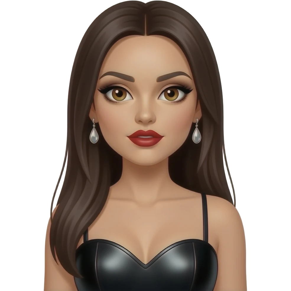 Jessica Sutta from The Pussycat Dolls with hazel eyes, long dark brunette straight hair, black eyeshadow, red lipstick, black metallic sweetheart dress, earrings emoji