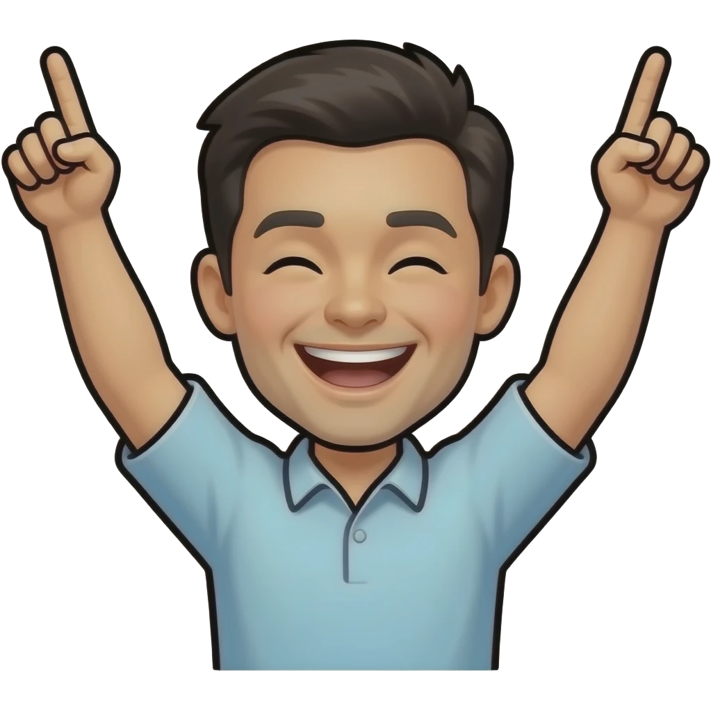 célébration,  personnage avec les deux bras levés vers le ciel, les index pointés vers le haut, visage souriant les yeux fermés de joie,contours noirs épais, fond blanc, style autocollant, avec l’emoji de base que la tête et le bras  sans le corps avec l’emoji de base et sans le haut de corps emoji