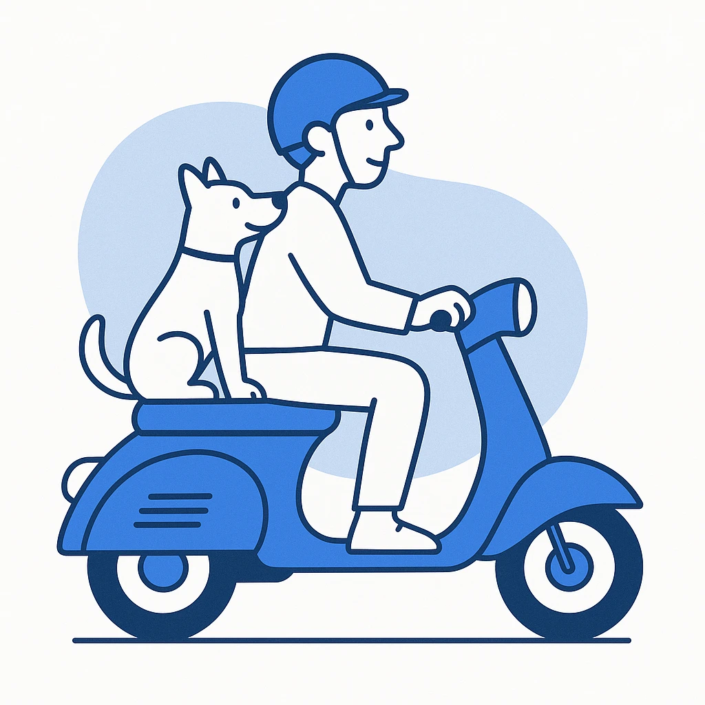 man and his pet dog riding a vespa emoji