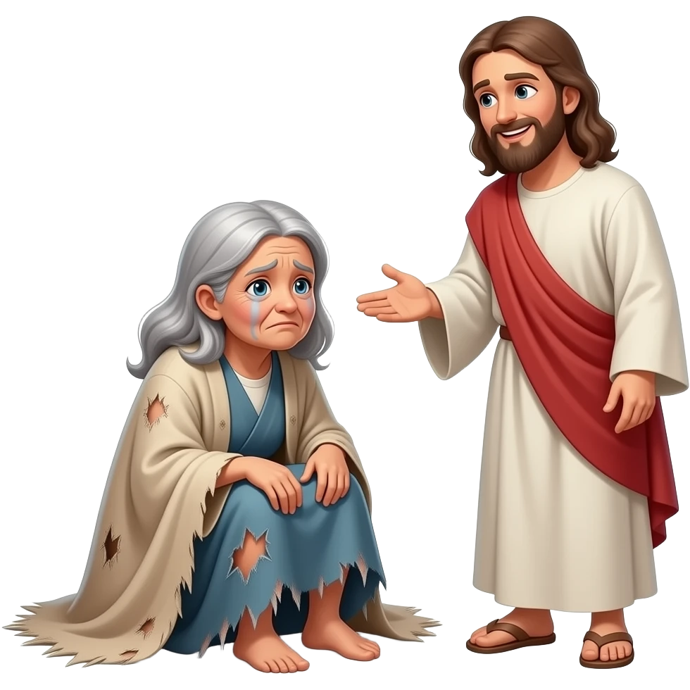 A full bodied old sick and sad woman Who is poor sitting on the ground unable to walk and dress in tattered biblical clothing and Jesus stops to talk to him With a smile on his face emoji