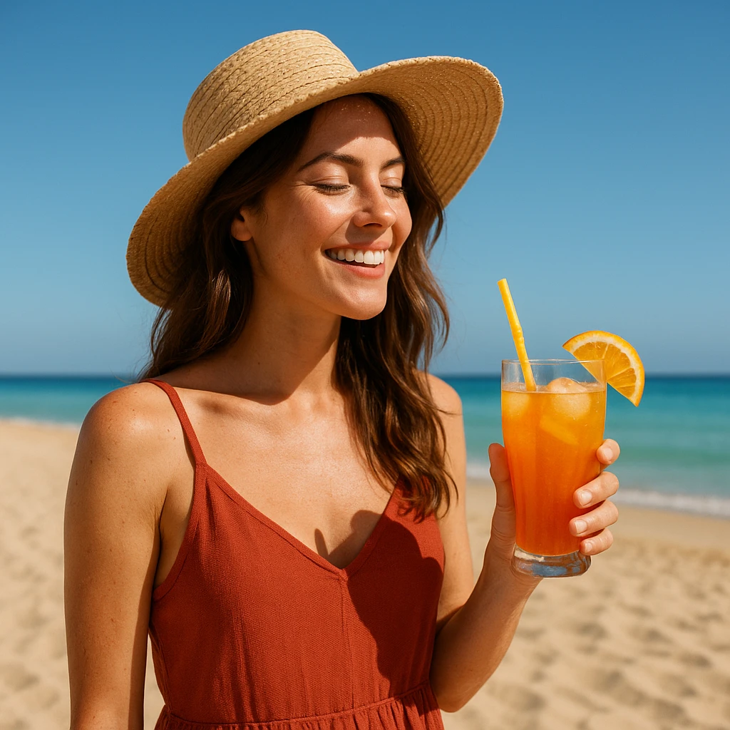 take this picture of a woman and make it  beach photo with drink emoji