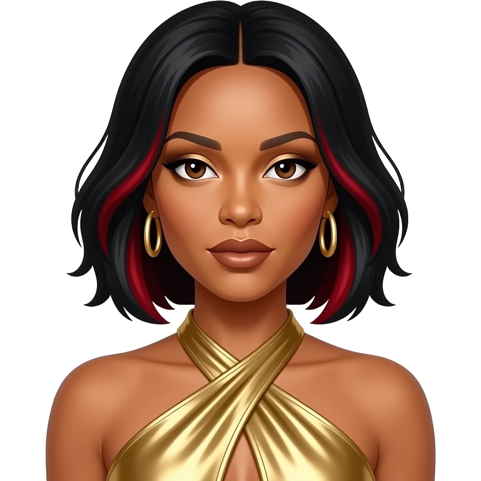 Kelly Rowland from Destiny's Child with dark brown eyes, long black short hair with red highlights, gold eyeshadow, bronze lipstick, gold metallic halter dress, gold earrings emoji