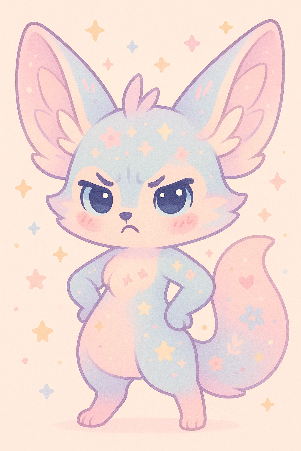 female anthropomorphic fennec fox, unique style blending kawaii and magical elegance, blue and pastel pink fur with fairy mauve highlights, large eyes shining with humor and softness, dynamic and benevolent posture, subtle motifs of stars, flowers, hearts or feathers, embodying hope, harmony, freedom, peace, mutual aid, acceptance, self-confidence, angry version emoji