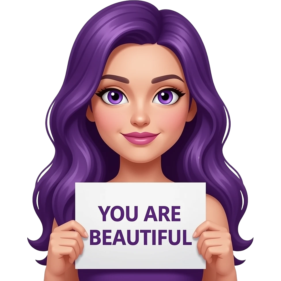 sexy girl with long purple hair and purple eyes holding a YOU ARE BEAUTIFUL sign emoji