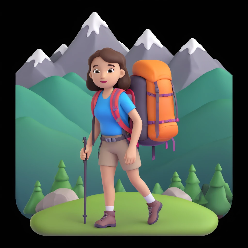 portrait of girl back packing mountains in background, close up pose emoji