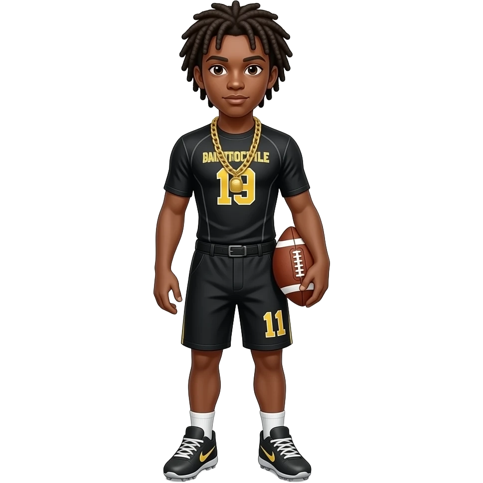 Brown skin teenager with dreads with gold chain with battle compression shirt black with black shorts with #11 on it Nike cleats standing with football emoji