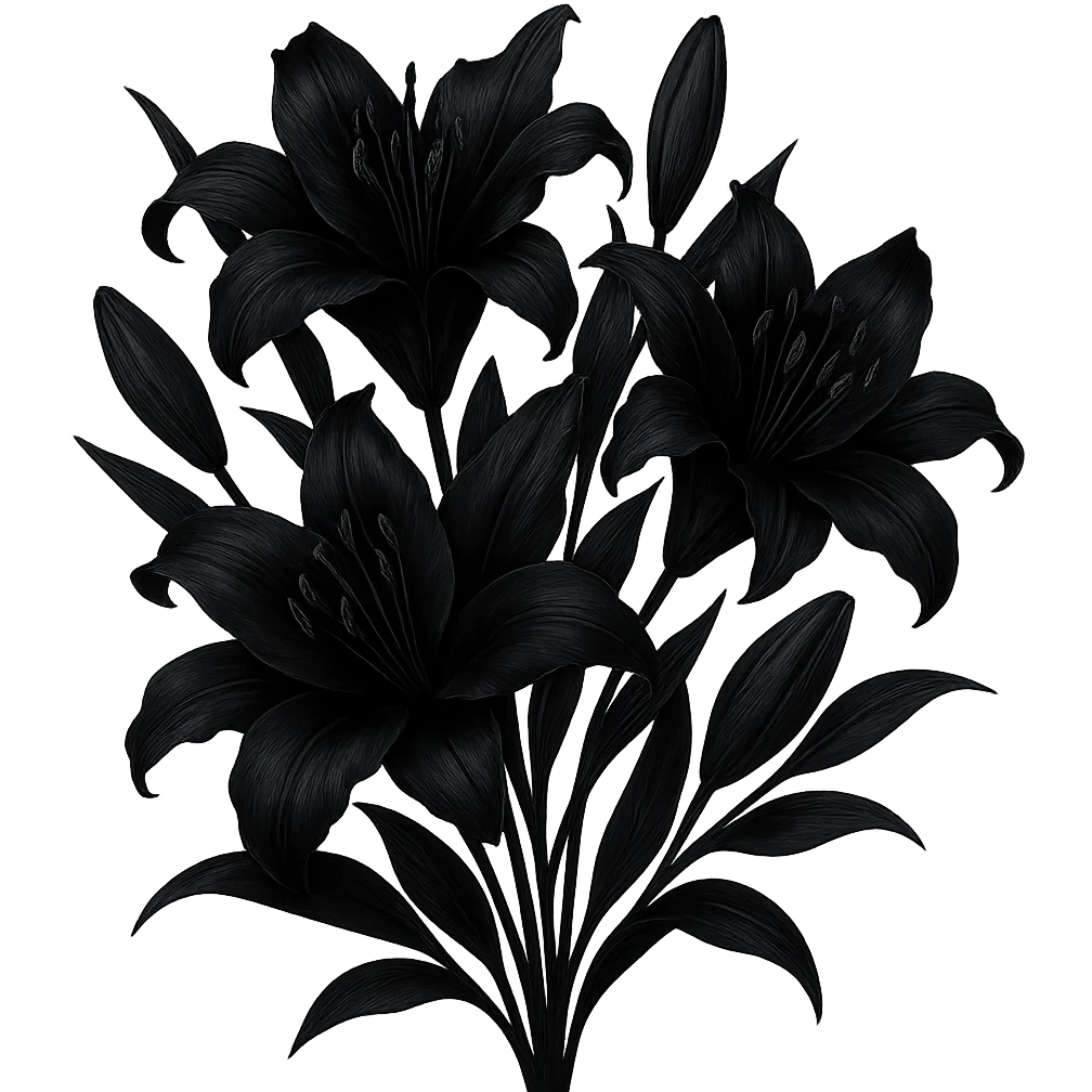 Create a bouquet of black lilies that is dramatic and elegant in a gothic style, with no background. The bouquet should emphasize the dramatic and elegant nature of the lilies with a dark gothic aesthetic. emoji