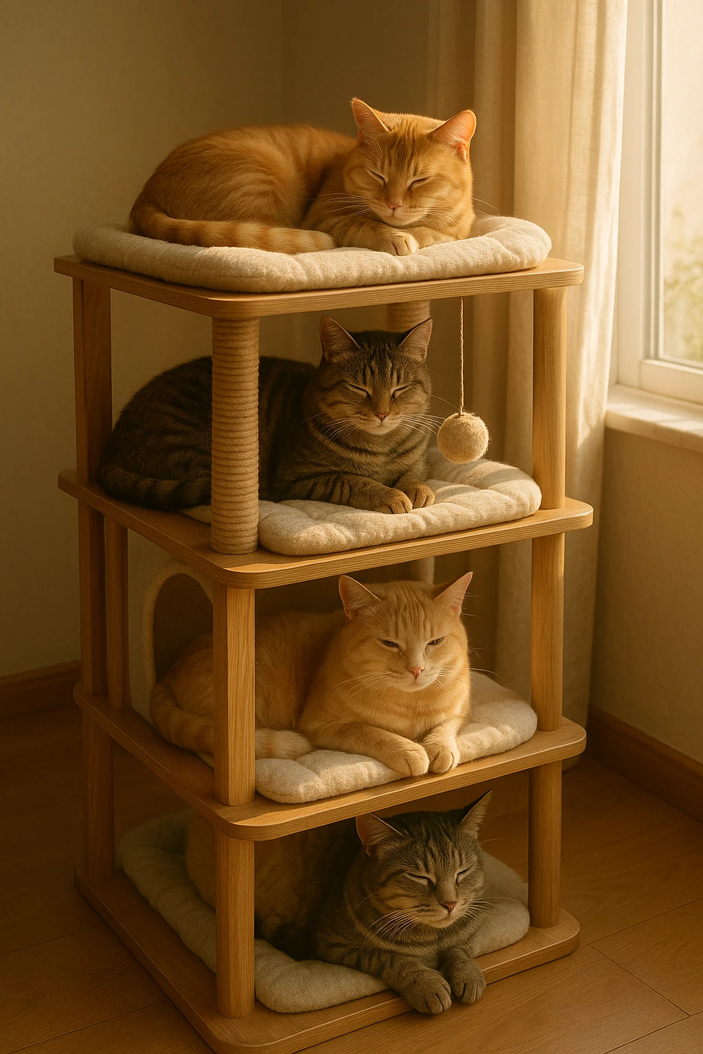 cats relaxing in a vertical playhouse emoji
