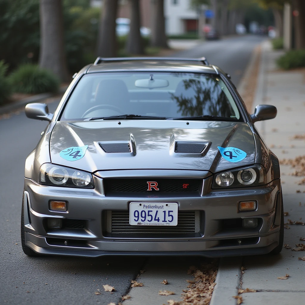 Brian's Nissan Skyline GTR R34 from Fast and Furious, realistic style, chrome body with blue stickers, car alone emoji