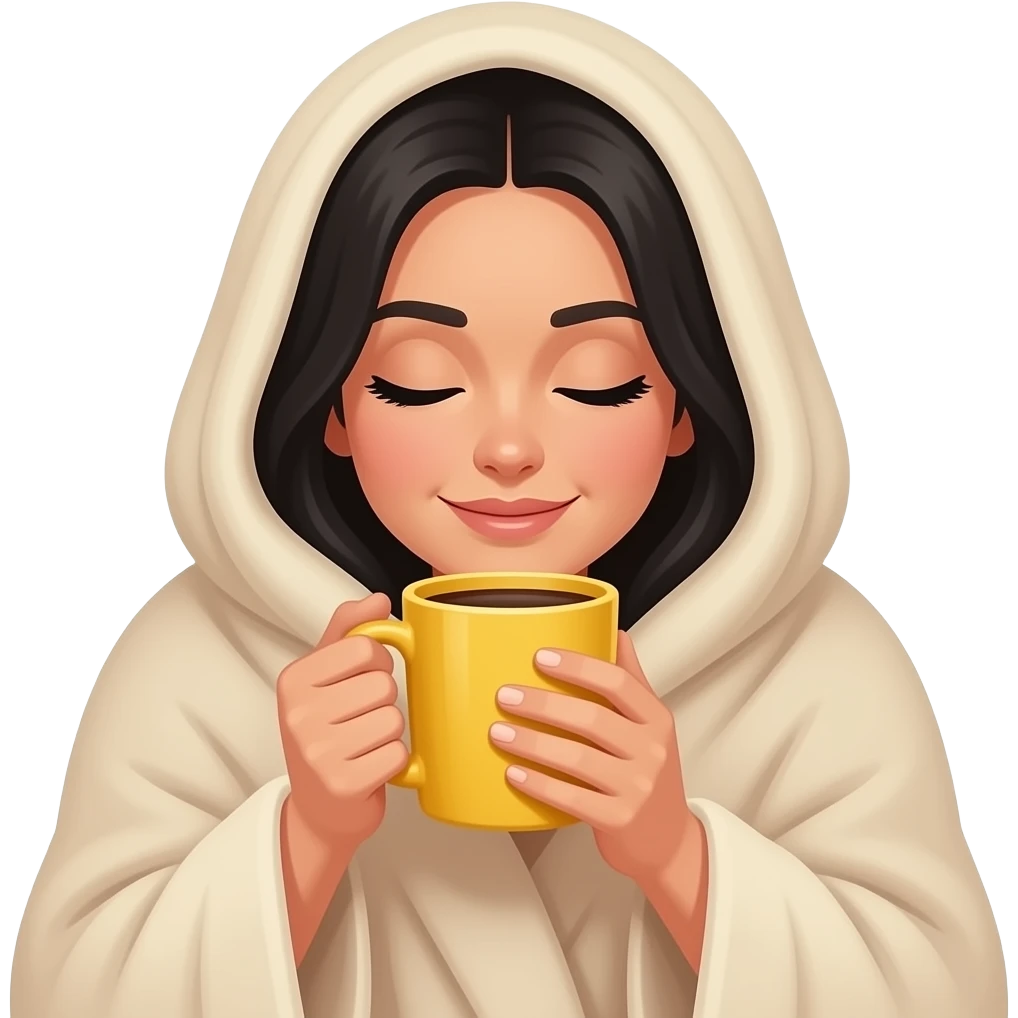 A white woman with black hair, with a large beige blanket, drinking coffee in a yellow mug, cozy and peace, iPhone emoji style emoji