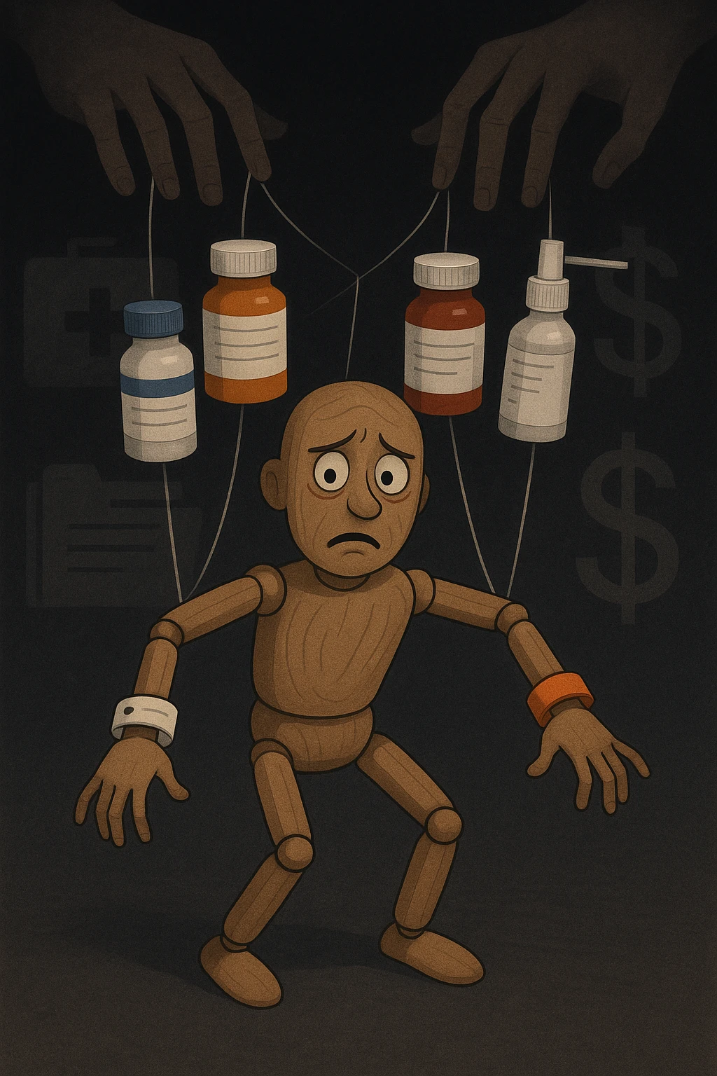 a marionette puppet with hospital bracelets and medication bottles as strings is controlled by unseen hands from above. The puppet’s face shows confusion and fatigue, representing the feeling of being managed by an invisible system. The background is dark, with faint images of medical charts and dollar signs. in italiano emoji