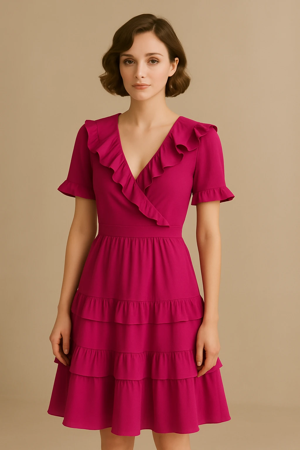 Change the pink dress to a vibrant fuchsia with ruffles, keep the rest of the look the same, bold and stylish style. emoji