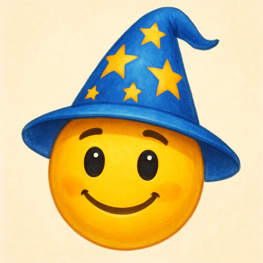 yellow face with blue wizard hat and stars emoji, digital illustration emoji