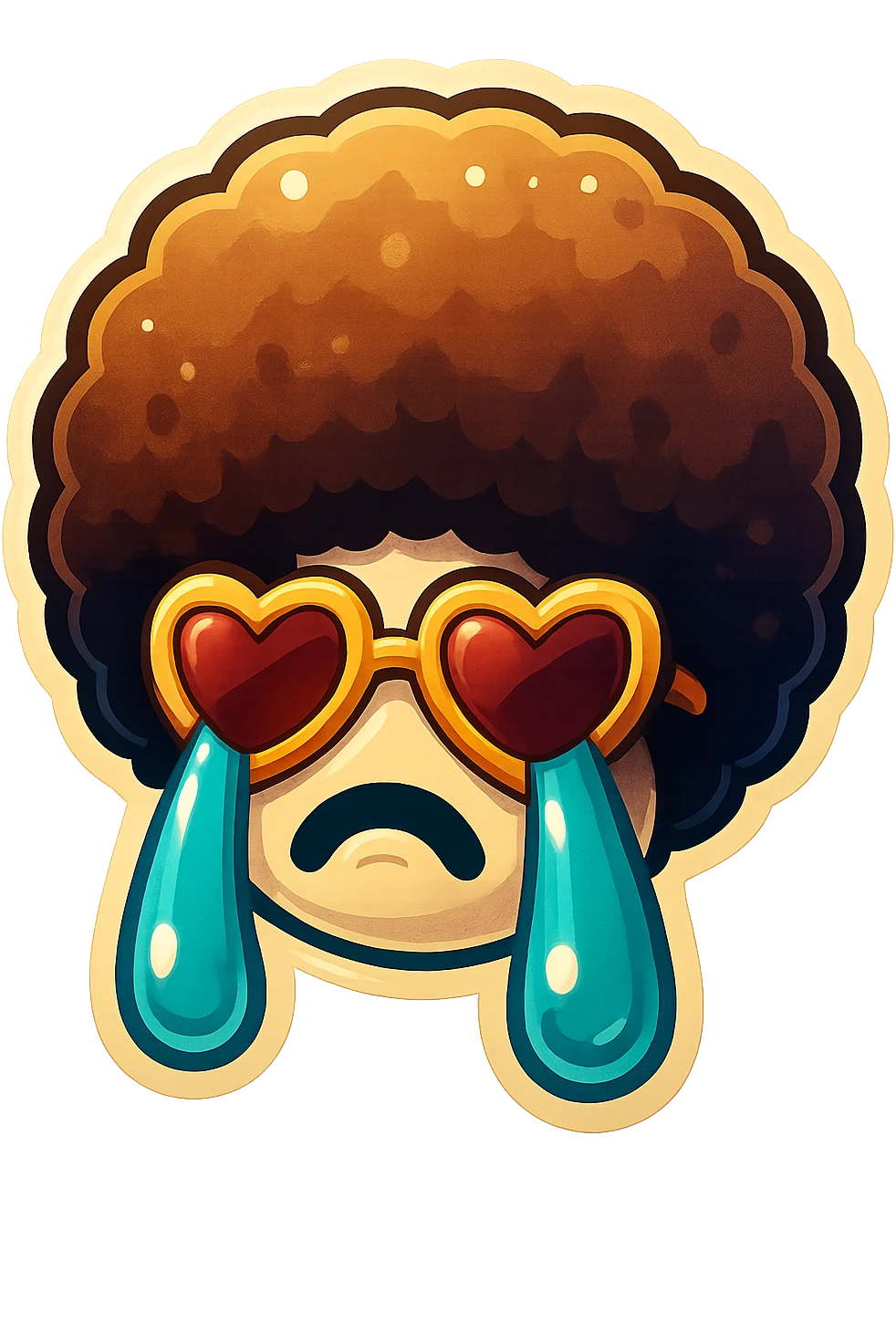 White circle face, afro, heart glasses, Crying with large tears emoji