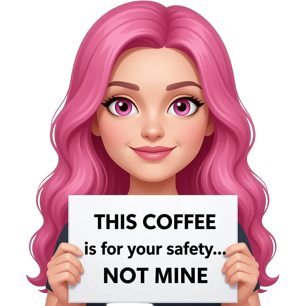 sexy girl with long pink hair and pink eyes holding a THIS COFFEE is for your safety... NOT MINE sign emoji