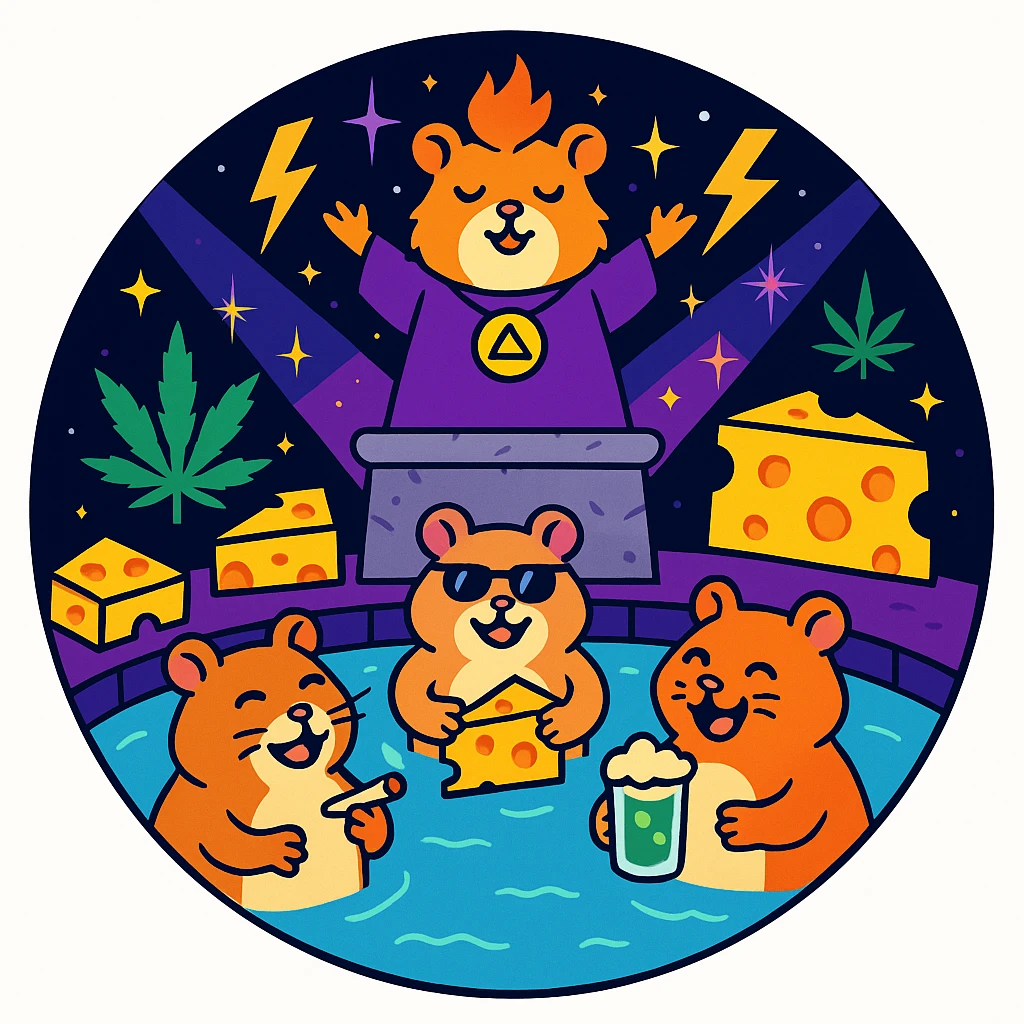 discord server icon, circular, centered composition of a hamster cult weed and cheese pool party at night, 80s glam rock style, sparkling effects, lightning bolts, space stage emoji