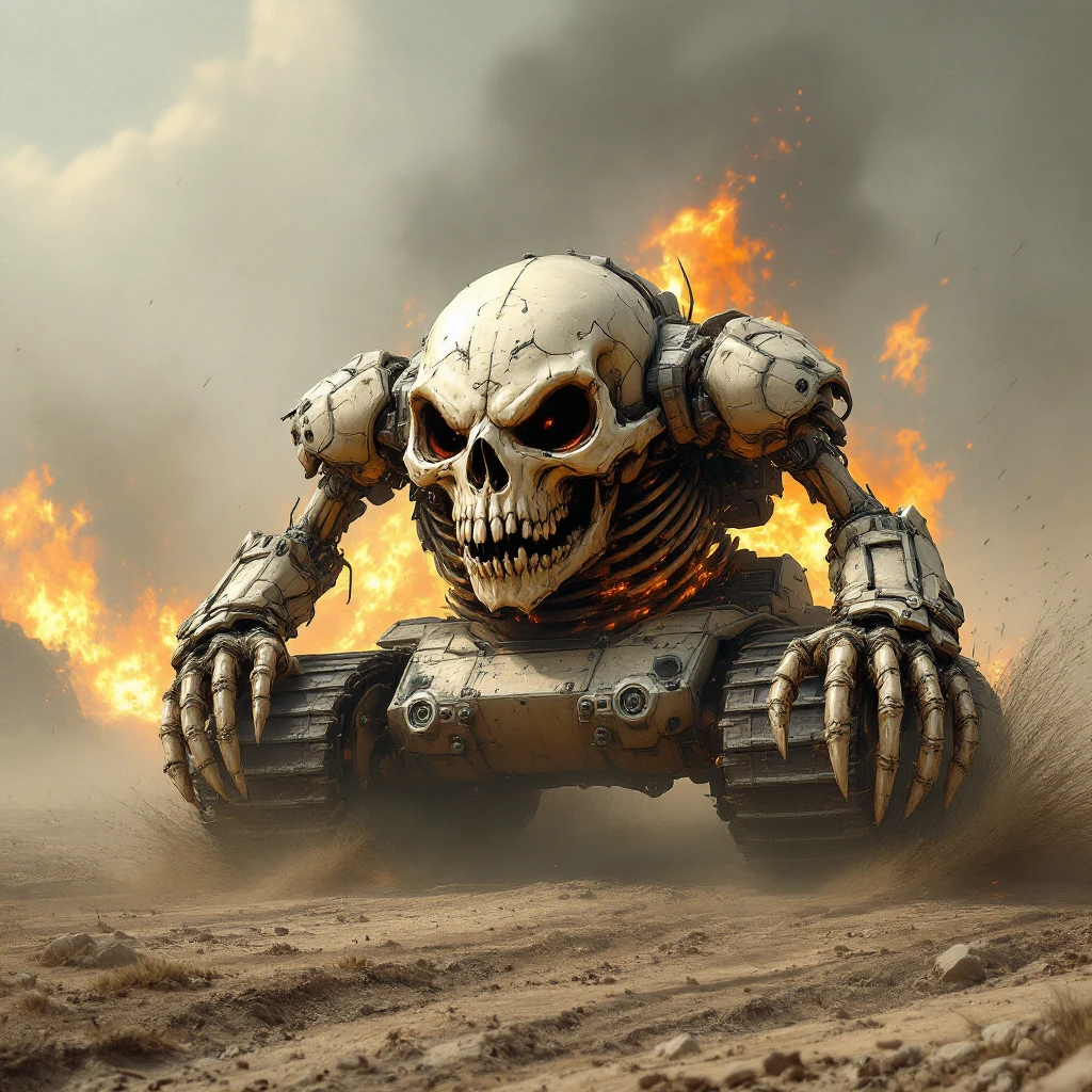 skull tank with four arms, no legs, ribcage and spine connect directly to a tank chassis, rushing into battle, intimidating emoji